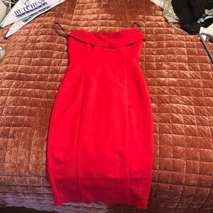 Midi red strapless dress with ruffle detail
